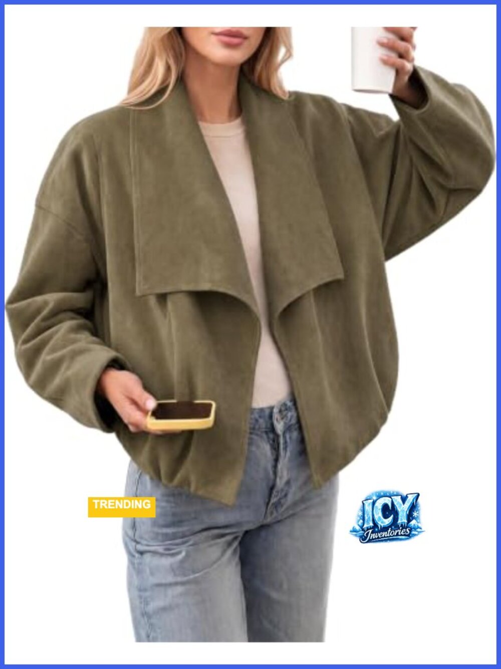 Faux Suede Cropped Jacket Open Front Lapel Oversized Women
